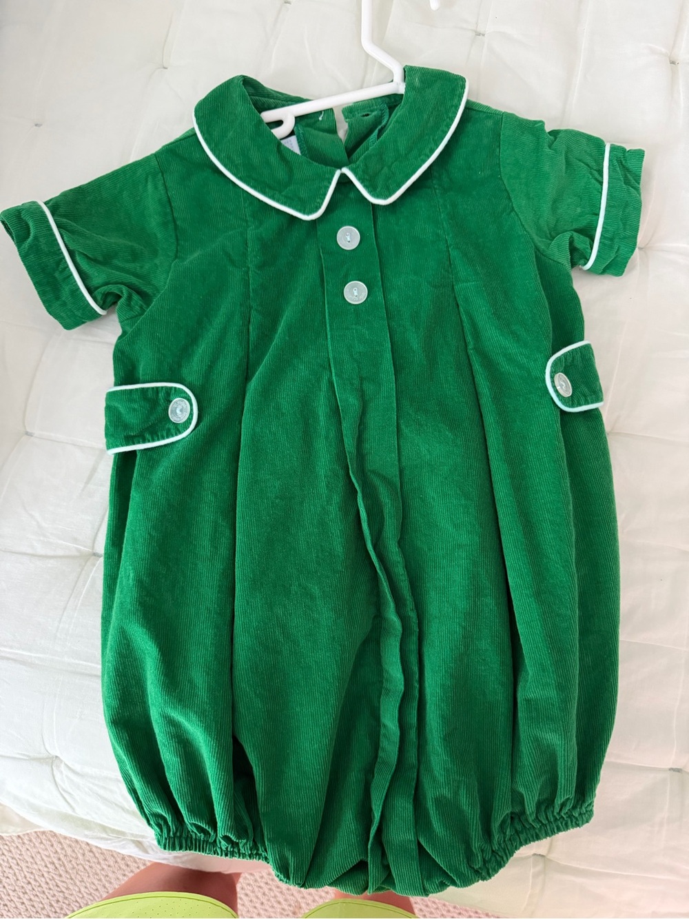 Little English Kelly Green Baby Bubble Romper with White Piping